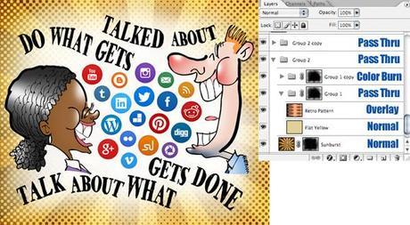 Photoshop Layers window showing background build sequence for Black woman, white man talking laughing air filled with social media icon buttons Twitter Facebook LinkedIn Reddit Do what gets talked about, talk about what gets done