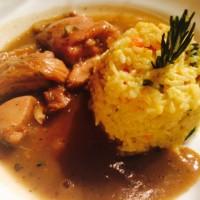 Hoender Potjiekos pot braised chicken stew , carrot and mango rice