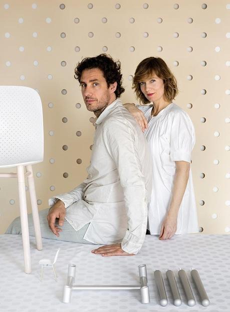 Stefan Scholten and Carole  Baijings portrait with Dot Chair for Hay