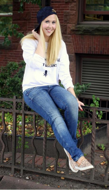 Raw for the Oceans Printed Denim Cap, G-Star Raw Jeans, Raw for the Oceans Cropped Boyfriend Sweater, Outfits, G-Star Raw for the Oceans, Boston Fashion, Boston Fashion Blogger, Pharrell Williams Style, Raw for the Oceans, Fall 2014 Outfit Ideas, 