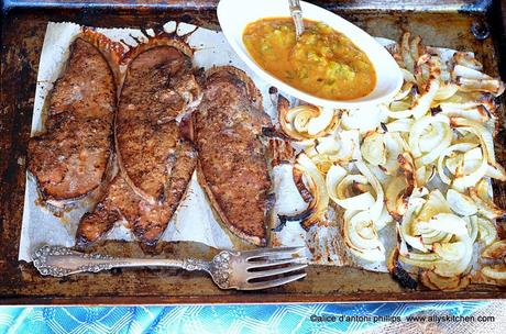 ~sea salt & cracked pepper calves liver with onions & spicy brown mustard relish~