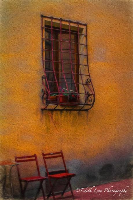 Tuscany, Italy, red chairs, orange wall, Fine Art, travel photography, Topaz Impression