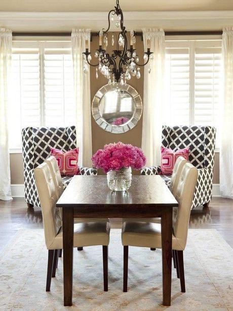 Dining Area, touch of pink, love the pattern of the chairs