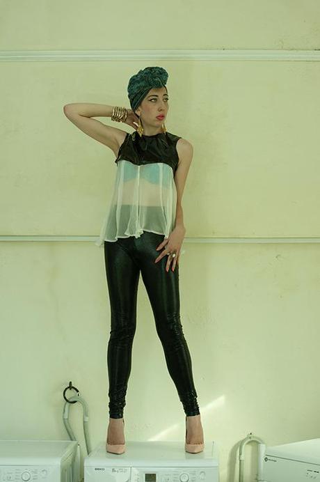 Top; Silk chiffon & PVC.
Leggings: Stretch, snake print Lycra.
xoxo LLM
Photo by Rhonda Moodley 