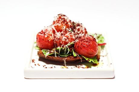 Tomato bruschetta with Parmesan cheese and dried kalamata olives #184