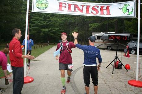 Crossing the finish line...I promise I was very awake, despite my closed eyes! 