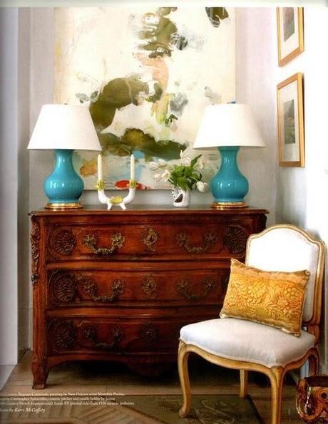 love the chest, art, turquoise lamp