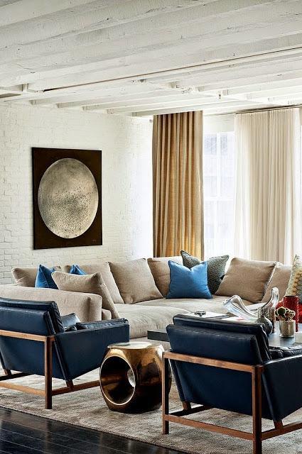 blue and white living room with modern accents