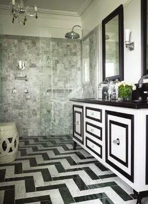 black white chevron floor in bathroom