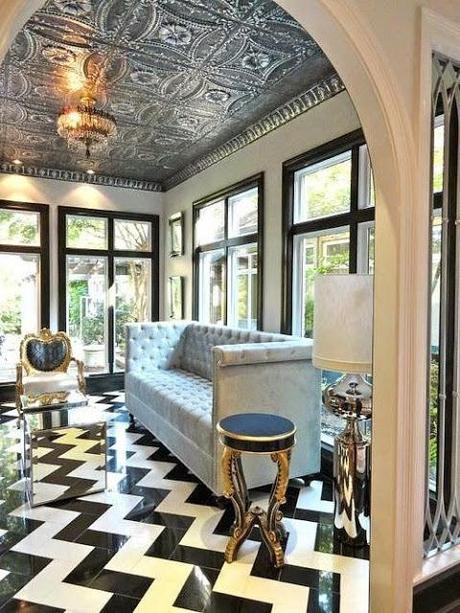 black and white large scale chevron floor tin ceiling
