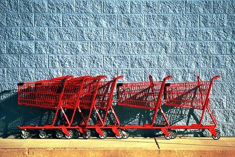 red carts, blue wall