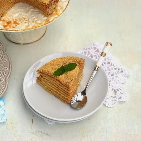 Russian Honey Cake -- Medovik (with Eggless Custard Filling)