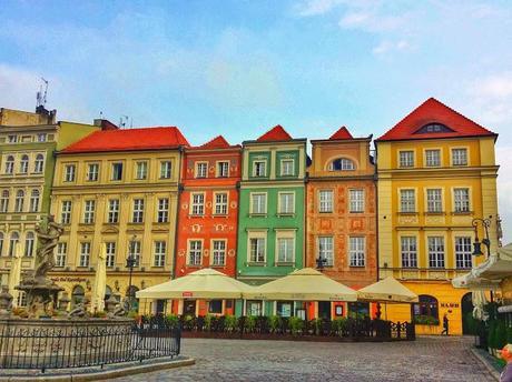 Coloured buildings in the Old Market Square of Poznan.