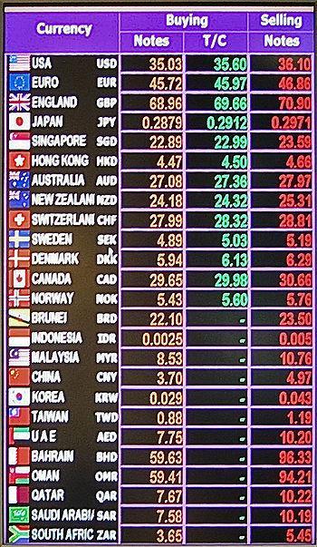 Exchange rates display, seen at Suvarnabhumi I...