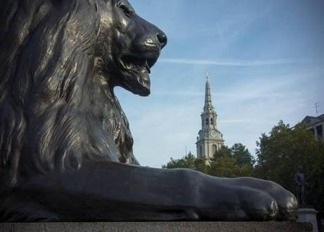 Bells. I listened to bells every Sunday morning, plus a rehearsal on a Tuesday evening. This photo of a Trafalgar Square lion in front of the St. Martin-in-the-Fields steeple was taken while I was listening to the bells. 