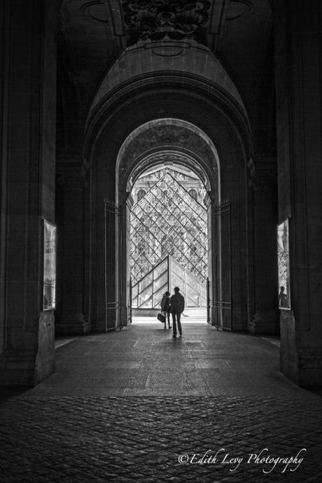 Paris, France, Louvre, museum, tourists, arches, black and white, monochrome