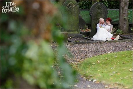 Wedding Photography at The Orangery Wakefield | Tattooed Bride | Couples portraits | Tux & Tales Photography | bride & groom on gravestones