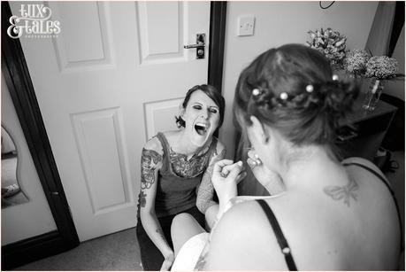 Wedding Photography at The Orangery Wakefield | Tattooed Bride | Bride Preparation | Tux & Tales Photography | bride laughing