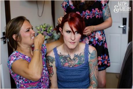 Wedding Photography at The Orangery Wakefield | Tattooed Bride | Bride Preparation | Tux & Tales Photography | bride has hair done
