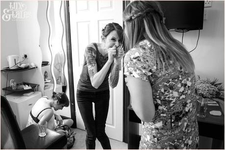 Wedding Photography at The Orangery Wakefield | Tattooed Bride | Bride Preparation | Tux & Tales Photography | bride making silly face