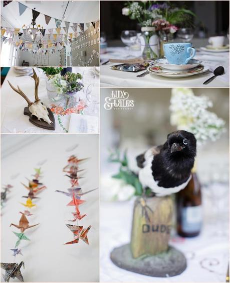 Wedding Photography at The Orangery Wakefield | Tattooed Bride | Oragami & taxidermy themed wedding | Tux & Tales Photography | table details with brid, skull & mismatched china