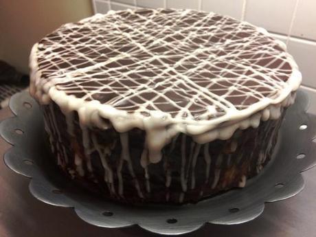 finished iced schichttorte chocolate and vanilla layered cake