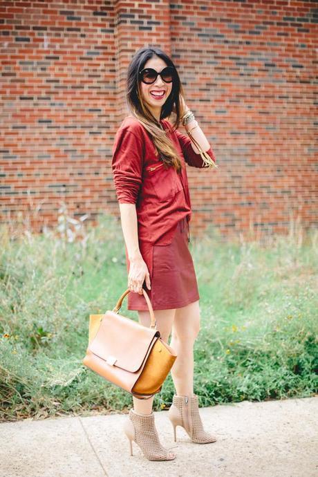 style of sam, french connection luxe leather mini skirt, lna hamptom tunic, sam edelman aubriana, celine trazeze bag, how to wear burgundy for fall, how to wear a leather skirt