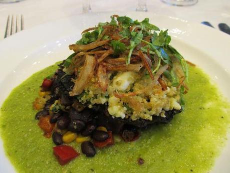 GABF Media Luncheon 2014 Vegetarian main course: Grilled Portobello stuffed with green chile quinoa & queso fresco, smoked tomatillo salsa verde and crispy shallot. Paired with Black Eagle Baltic Porter by Black Tooth Brewing and Old Tom Porter by Piney River Brewing.
