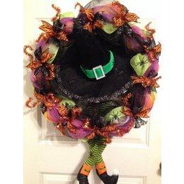 Handmade Halloween Deco Mesh Wreath with Witch Legs, Witch Hat, and Spiders