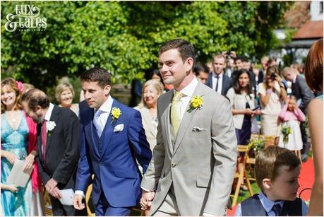 Outside Ceremony in Gazebo | Sheene Mill Wedding Photographer | Same Sex Wedding | Two Grooms | Tux & Tales Photography | Grooms walk up holding hands