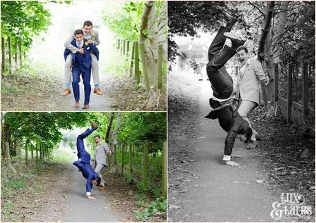 Wedding Portraits in the Cambridge countryside| Sheene Mill Wedding Photographer | Same Sex Wedding | Two Grooms | Tux & Tales Photography | Funny cartwheel piggyback ride