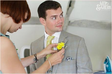 Groom preparation | Sheene Mill Wedding Photographer | Same Sex Wedding | Two Grooms | Tux & Tales Photography | Yellow buttonhole