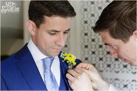 Groom preparation | Sheene Mill Wedding Photographer | Same Sex Wedding | Two Grooms | Tux & Tales Photography | Yellow buttonhole