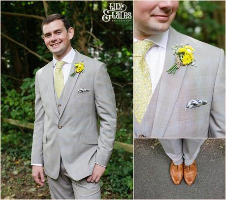 Groom suit details with yellow buttonhole | Sheene Mill Wedding Photographer | Same Sex Wedding | Two Grooms | Tux & Tales Photography