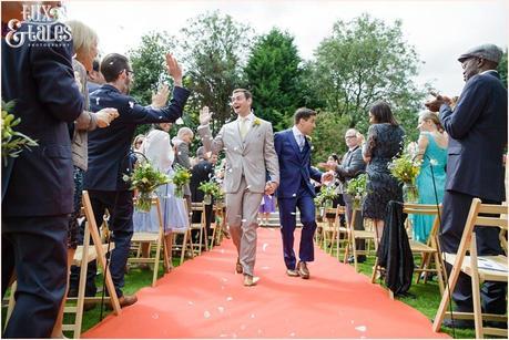 Outside Ceremony in Gazebo | Sheene Mill Wedding Photographer | Same Sex Wedding | Two Grooms | Tux & Tales Photography | Confetti