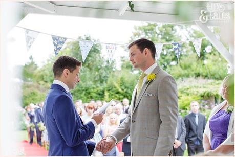 Outside Ceremony in Gazebo | Sheene Mill Wedding Photographer | Same Sex Wedding | Two Grooms | Tux & Tales Photography | Reading vows