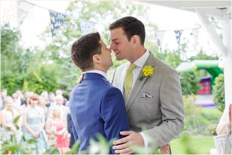 Outside Ceremony in Gazebo | Sheene Mill Wedding Photographer | Same Sex Wedding | Two Grooms | Tux & Tales Photography | First Kiss