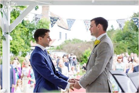 Outside Ceremony in Gazebo | Sheene Mill Wedding Photographer | Same Sex Wedding | Two Grooms | Tux & Tales Photography | Grooms holding hands