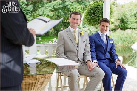 Outside Ceremony in Gazebo | Sheene Mill Wedding Photographer | Same Sex Wedding | Two Grooms | Tux & Tales Photography | Grooms smiling