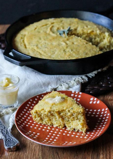 Brown Butter Sage Skillet Cornbread | The subtle flavors of brown butter and sage make this dish extra special! Recipe from Bakerita.com