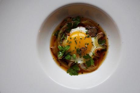 Egg with truffle caramelized onion and beef broth #185