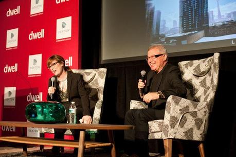 Dwell on Design NY keynote speaker Daniel Libeskind on the stage with Dwell editor-in-chief Amanda Dameron