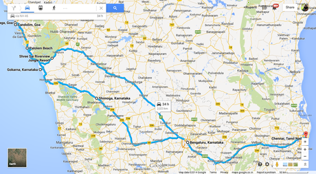 Road Trip : Chennai to Goa - Route Map