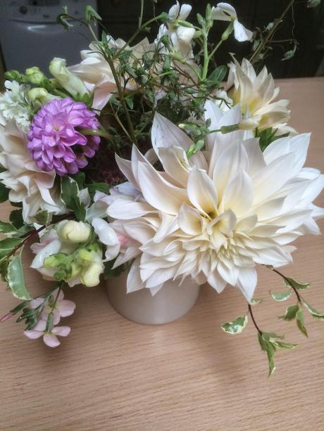 Cafe au lait dahlias in a relaxed bunch of British flowers