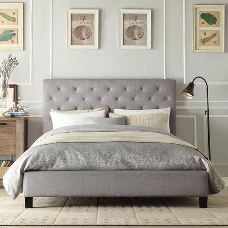 INSPIRE Q Kingsbury Grey Linen Tufted Upholstered Platform Bed