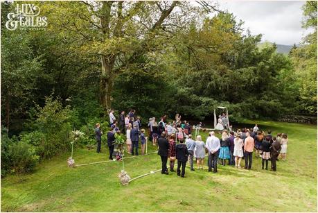Lake District Wedding Photographer | Derwentwater Youth Hostel Wedding | Alternative eclectic wedding styling | Tux & Tales Photography | Ceremony | Wide shot of outside ceremony