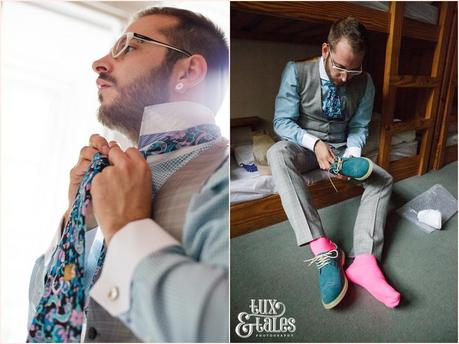 Lake District Wedding Photographer | Derwentwater Youth Hostel Wedding | Alternative eclectic wedding styling | Tux & Tales Photography | Groom Preparation | Funky tie and pink socks