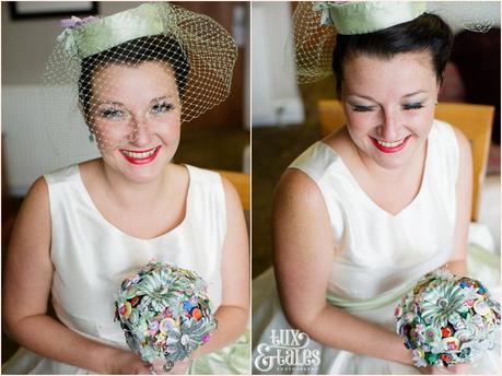 Lake District Wedding Photographer | Derwentwater Youth Hostel Wedding | Alternative eclectic wedding styling | Tux & Tales Photography | Bride Preparation | Portraits of bride with green vintage accents and brooch bouquet