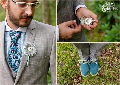 Lake District Wedding Photographer | Derwentwater Youth Hostel Wedding | Alternative eclectic wedding styling | Tux & Tales Photography | Groom Preparation | Groom details with teal shoes, pocketwatch and glasses