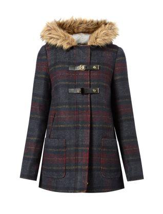Blue Pattern (Blue) Dark Blue Check Faux Fur Trim Duffle Coat | 307217449 | New Look
